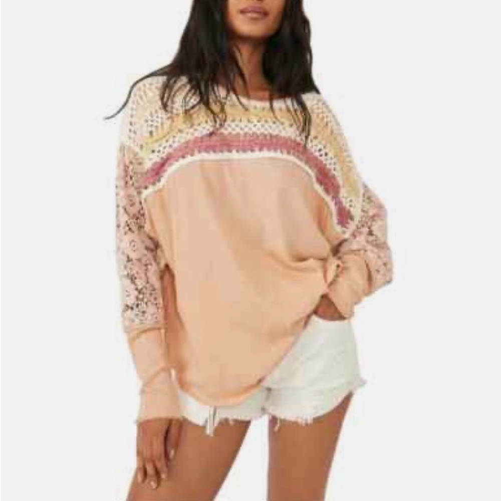 Free People Brown Sugar Combo High Hopes Lace Sleeve XS Crochet Top - Picture 7 of 7